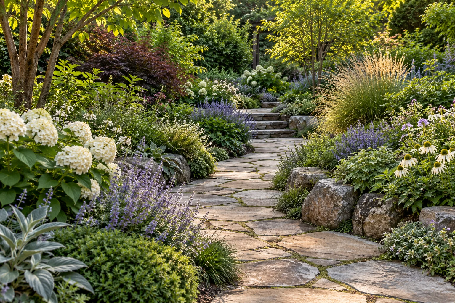 Illustrative garden with lush planting and a stone path